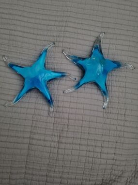 Blue Glass Starfish Handblown Paperweight Pair.